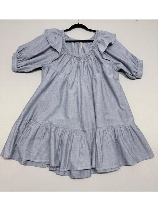 Free People Dresses & Skirts - Free People Women’s Blue Ruffled Chambray Tunic Dress L Boho Style